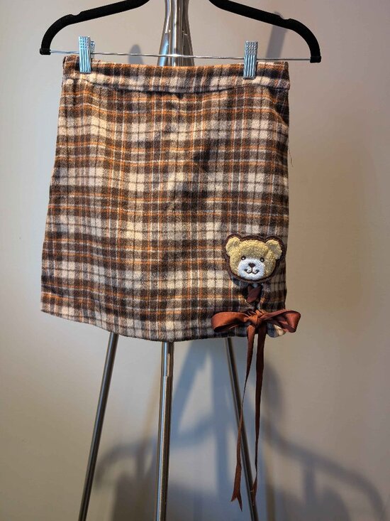 Dresses & Skirts - Brown Plaid Teddy Bear Lace-up Ribbon Tie Skirt